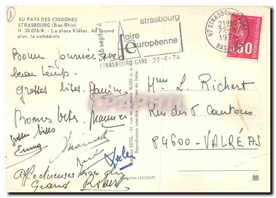 CPM Au Pays des Cigognes Strasbourg Bas Rhin La place Kleber Au second plan la cathedrale  — Verso