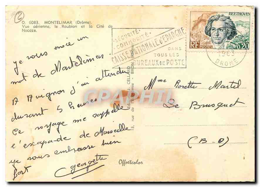 Montelimar — Luftbild, der Roubion und die Cité de Nocaze — Éditions J. Cellard — Rückseite