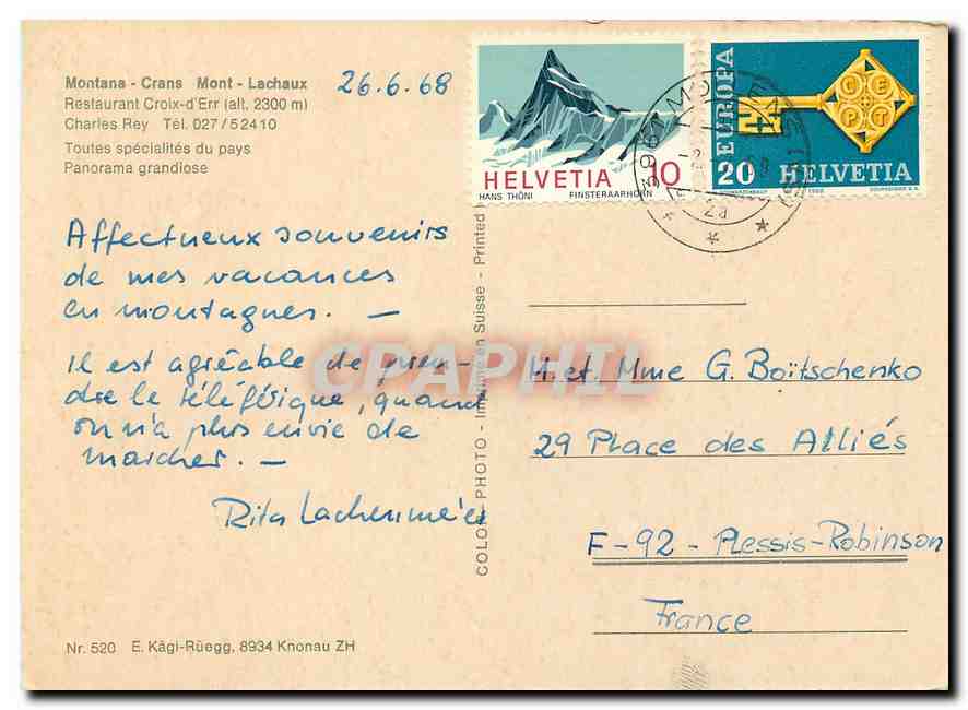 CPM Montana Crans Mont Lachaux Restaurnt Croix d'Err Charles Rey  — Rückseite