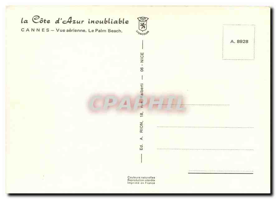 CPM La Cote d'Azur inoubliable Cannes Vie aerienne Le Palm beach  — Rückseite