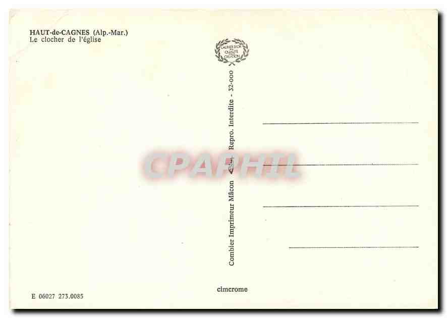 CPM Haut de Cagnes Alp Mar Le clocher de l'eglise  — Verso