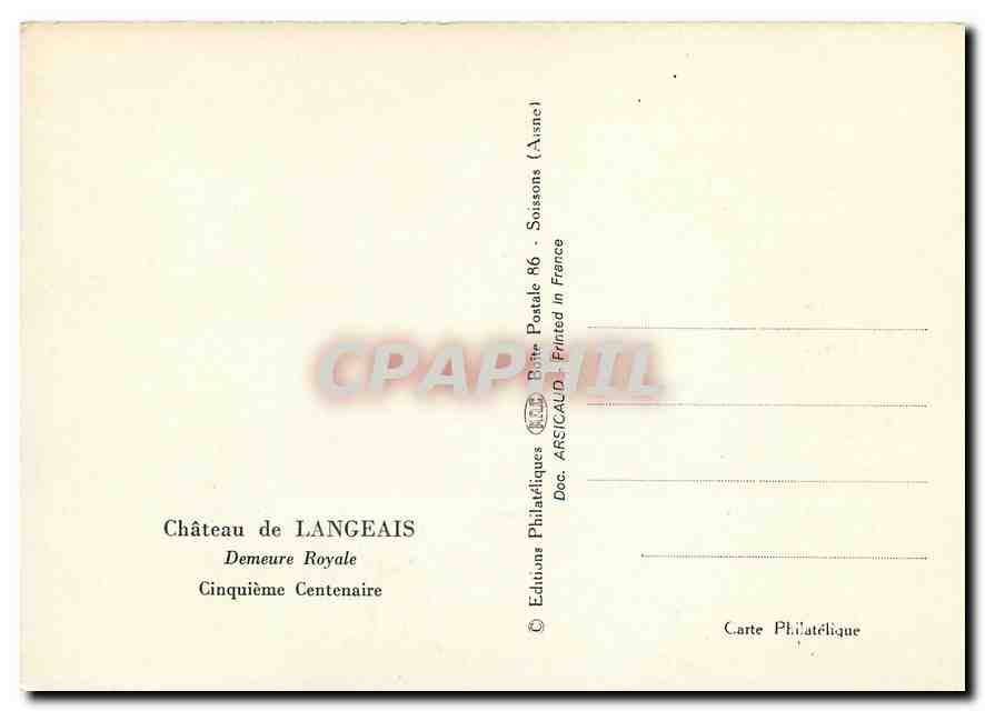 CARTE MAXIMUM Signee Le Val de Loire Le Chateau de Langeais  — Rückseite