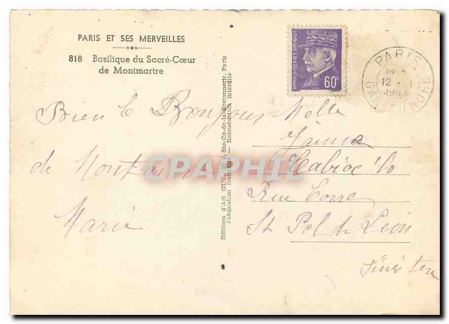 Basilique du Sacré-Cœur — Montmartre — Éditions d'Art Guy, n° 818 — Verso