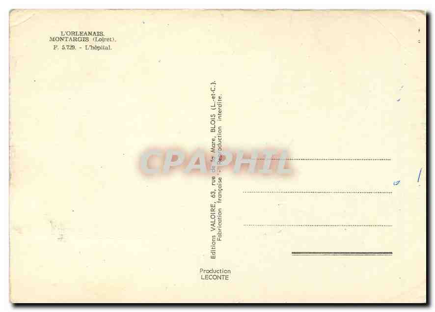 CPM l'Orleanais Montargis Loiret l'hoptal  — Verso