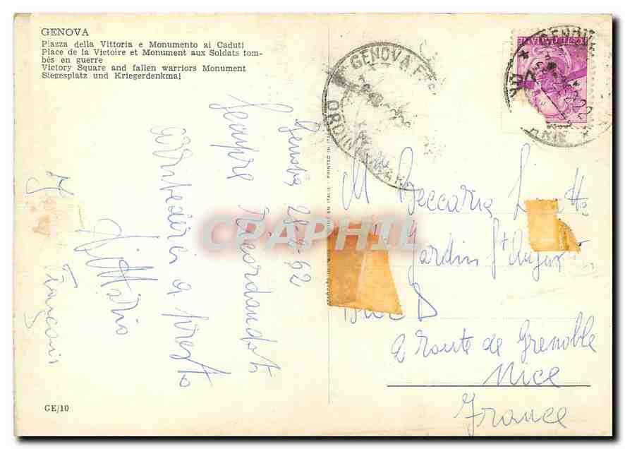 CPM Genova place de la victoire et monument aux soldats tombes en guerre  — Rückseite