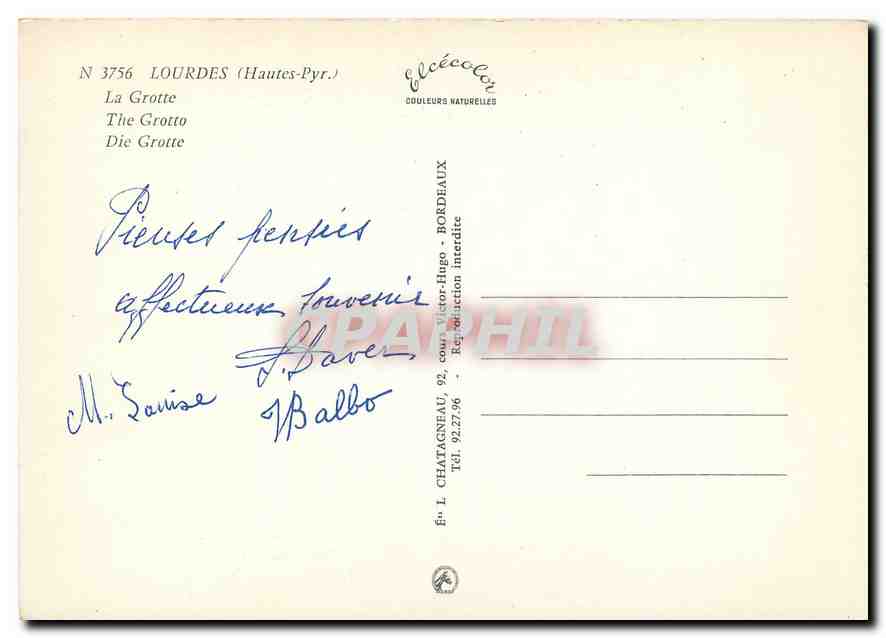 CPM Lourdes Hautes Pyr la Grotte  — Verso
