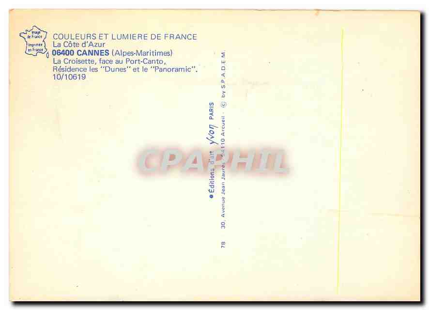 CPM La Cote d'Azur Cannes Alpes Maritimes la Croisette Face au Port Canto Residence les Dunes et le  — Rückseite
