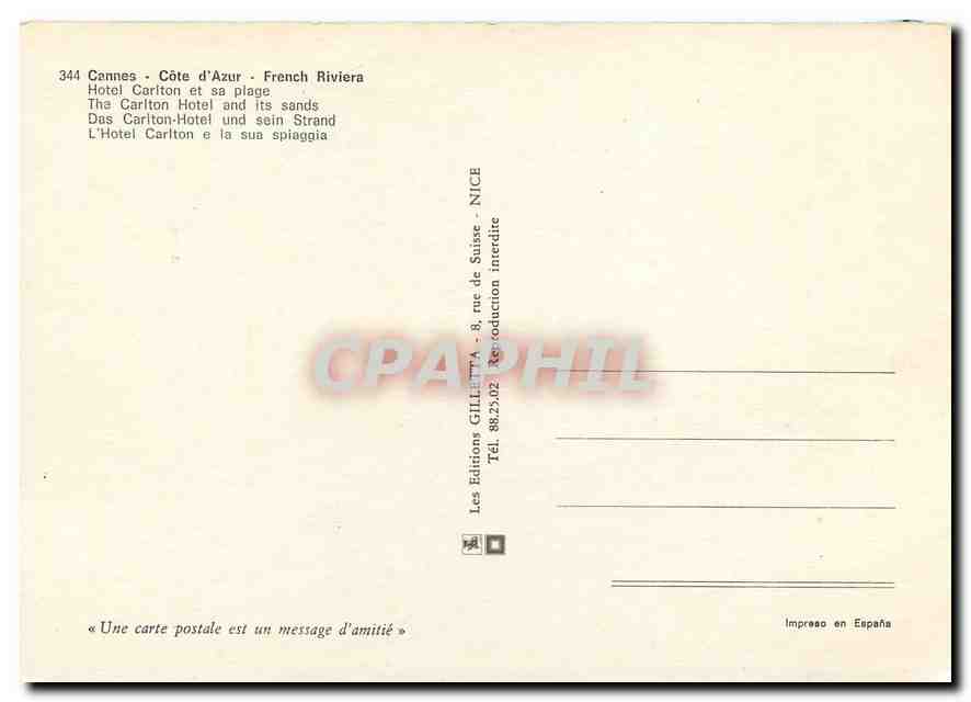 CPM Cannes Cote d'Azur Hotel Cariton et sa Plage  — Rückseite