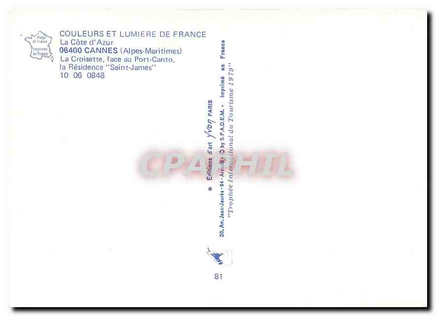 CPM La Cote d'Azur Cannes Alpes Maritimes la Croisette Face au Port Canto la Residence Saint James  — Rückseite