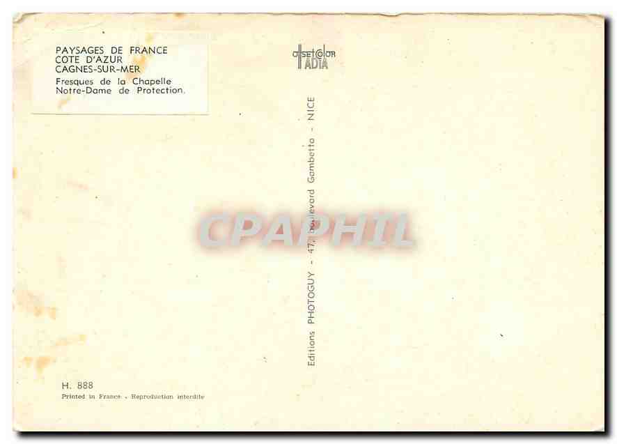 CPM Paysages de France Cote d'Azur Cagnes sur Mer Fresques de la Chapelle Notre Dame de Protection  — Verso