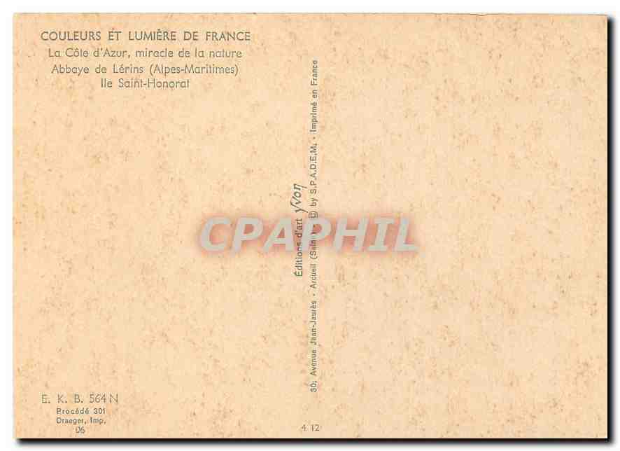 CPM La Cote d'Azur miracle de la nature Abbaye de Lerins Alpes Maritimes Ile Saint Honorat  — Verso