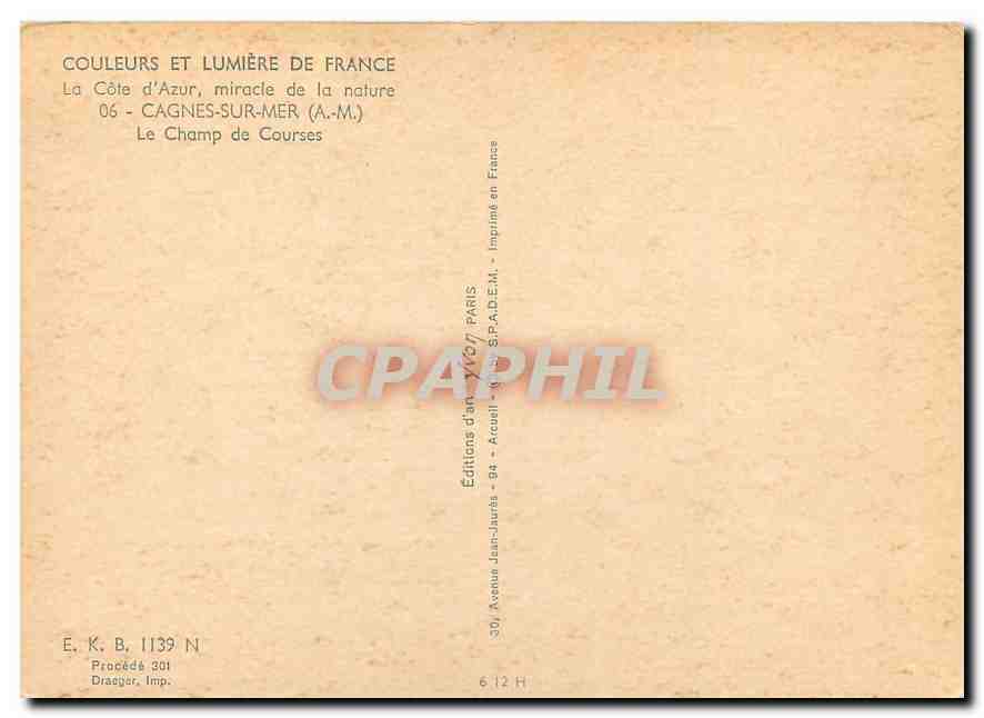 CPM La Cote d'Azur miracle de la nature Cagnes sur Mer A M le Champ de Courses Chevaux — Verso