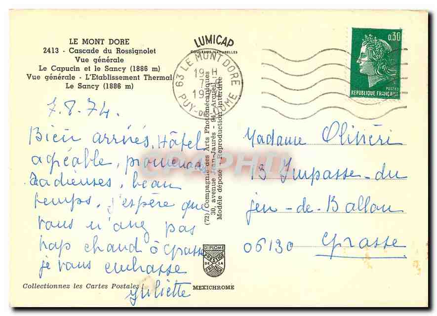 CPM Le Mont Dore Cascade du Rossignolet vue generale le Capucin et le Sancy vue generale l'Etablisse — Verso