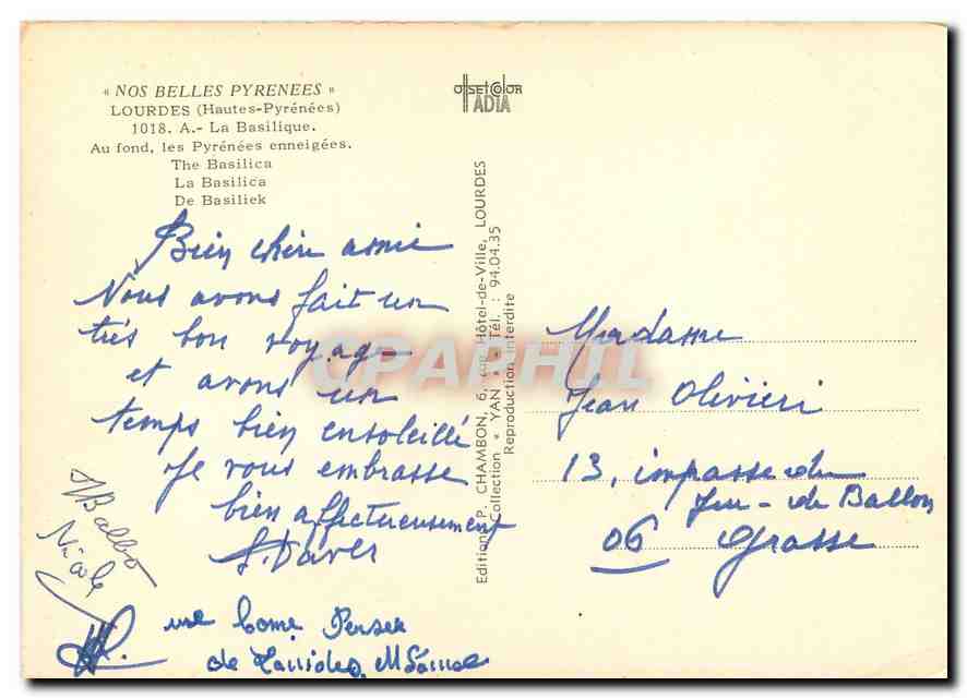 CPM Nos Belles Pyrennes Lourdes Hautes Pyrenees la BAsilique au fond les Pyrenees enneigees  — Verso