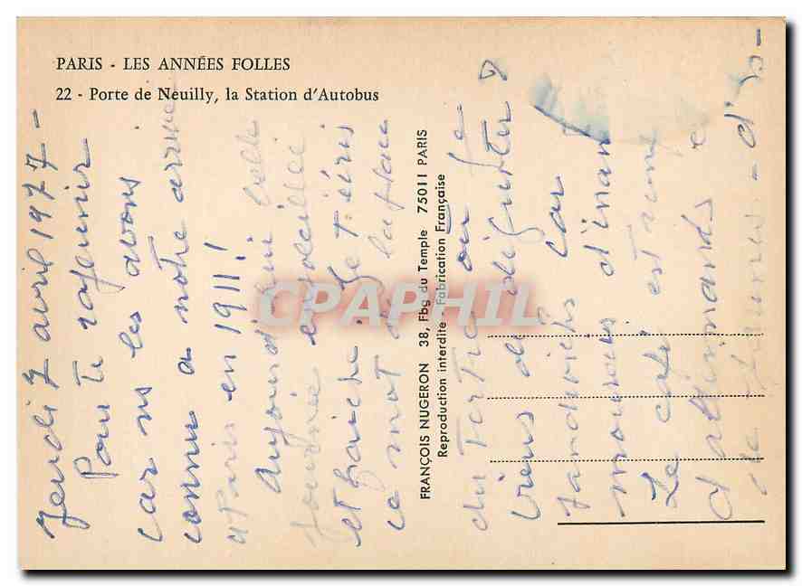 REPRO Paris Les Annees Folles Porte de Neuilly la Station d'Autobus  — Rückseite