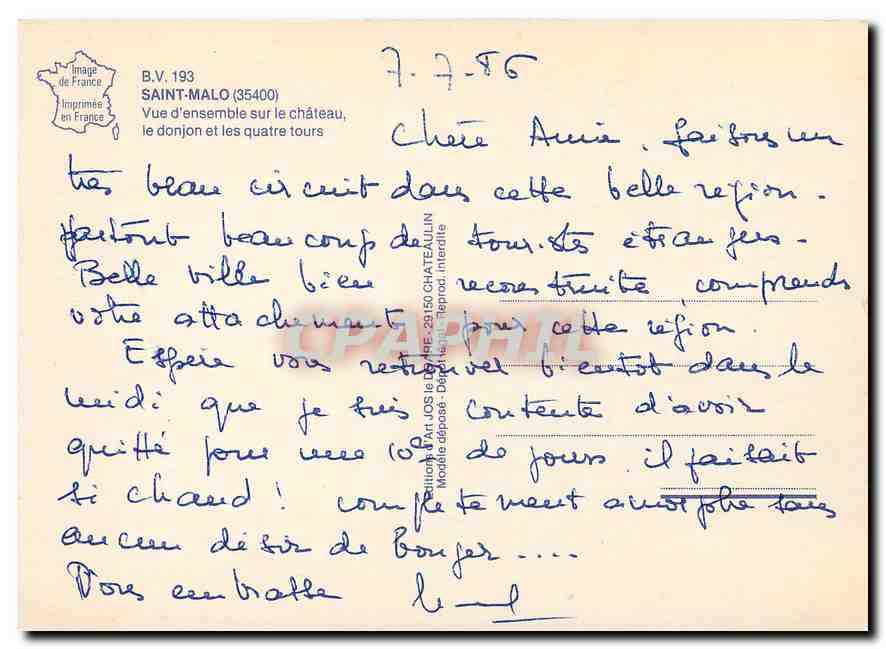 CPM Saint Malo vue d'ensemble sur le chateau le donjon et les quatre tours  — Verso