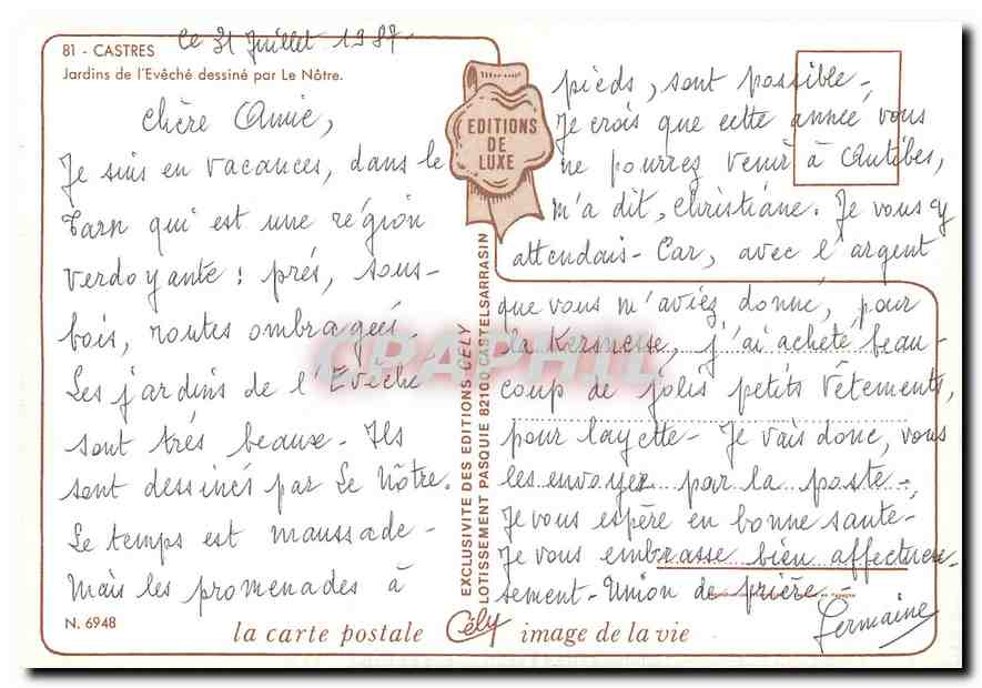 CPM Castres jardins de l'eveche dessine par le Notre  — Rückseite