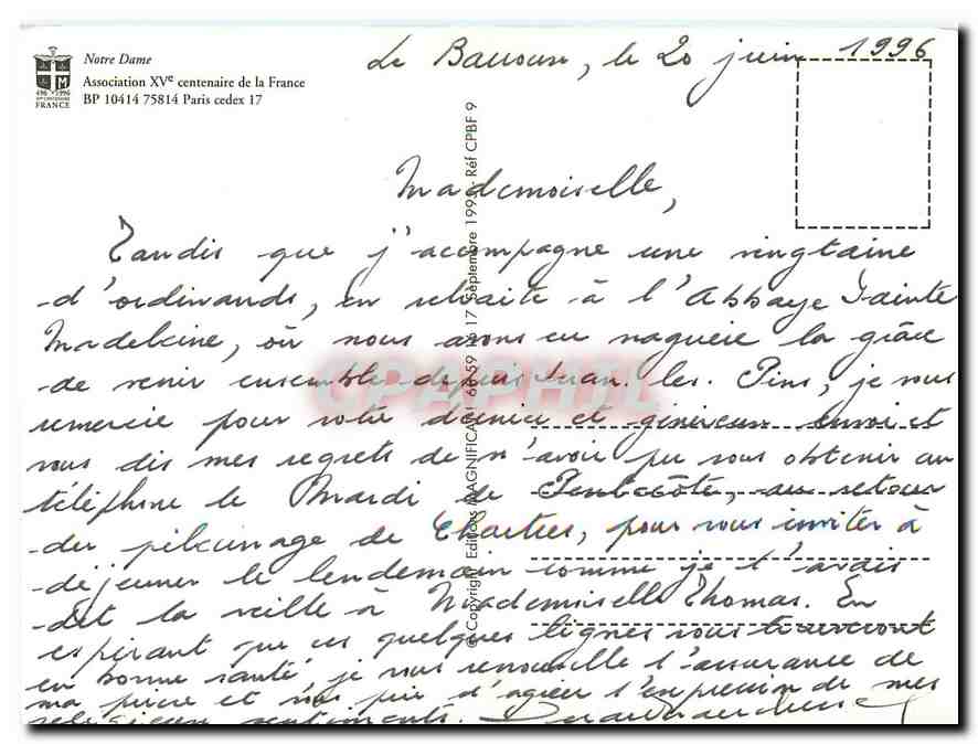 CPM Notre Dame Association XV centenaire de la France  — Verso