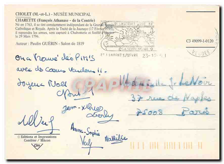CPM Cholet M et L Musee Municipal Charette Francois Athanase de la Contrie  — Rückseite