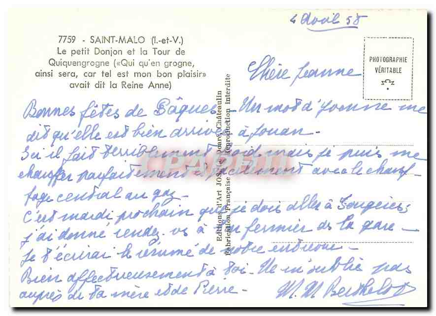CPM Saint Malo I et V Le petit Donjon et la Tour de Quiquengrogne   — Rückseite