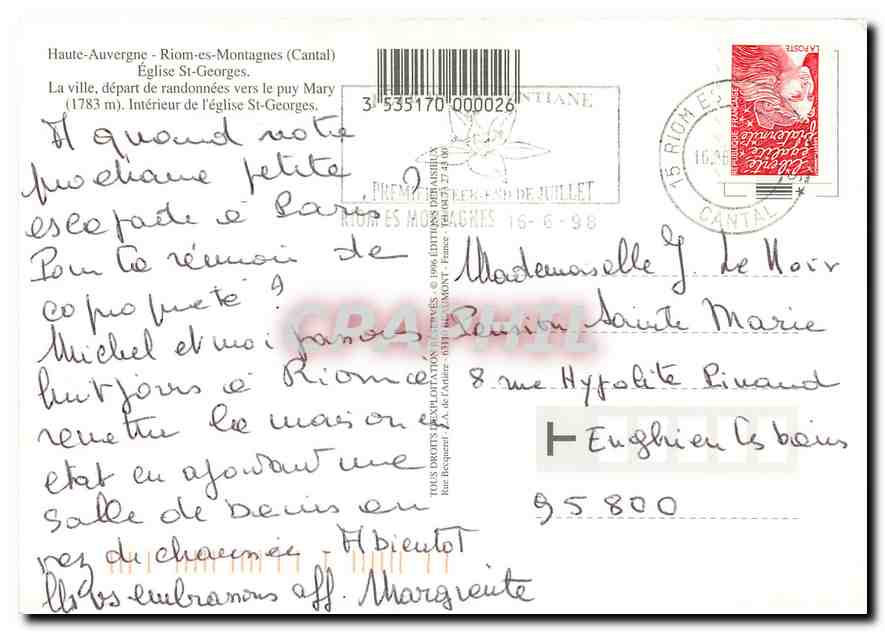CPM Haute Auvergne Riom es Montagnes Cantal Eglise St Georges La ville depart de randonnees vers le  — Rückseite