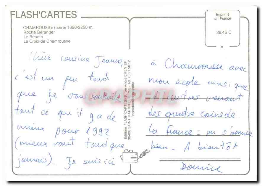 CPM Chamrousse Isere Roche Beranger Le Recoin La Croix de Chamrousse  — Rückseite