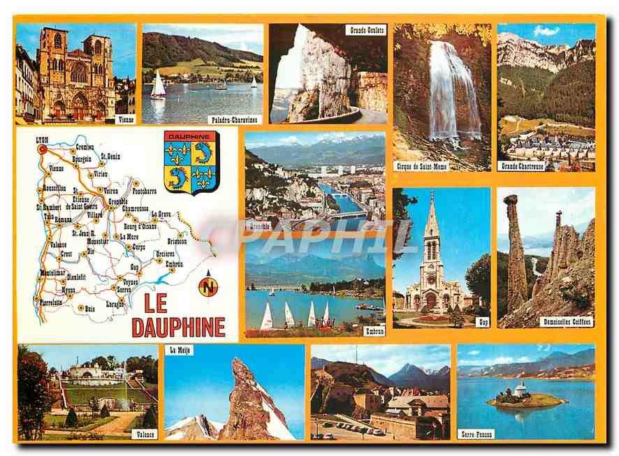 Le Dauphiné — Carte postale touristique avec carte et sites — éditeur PAPHIL