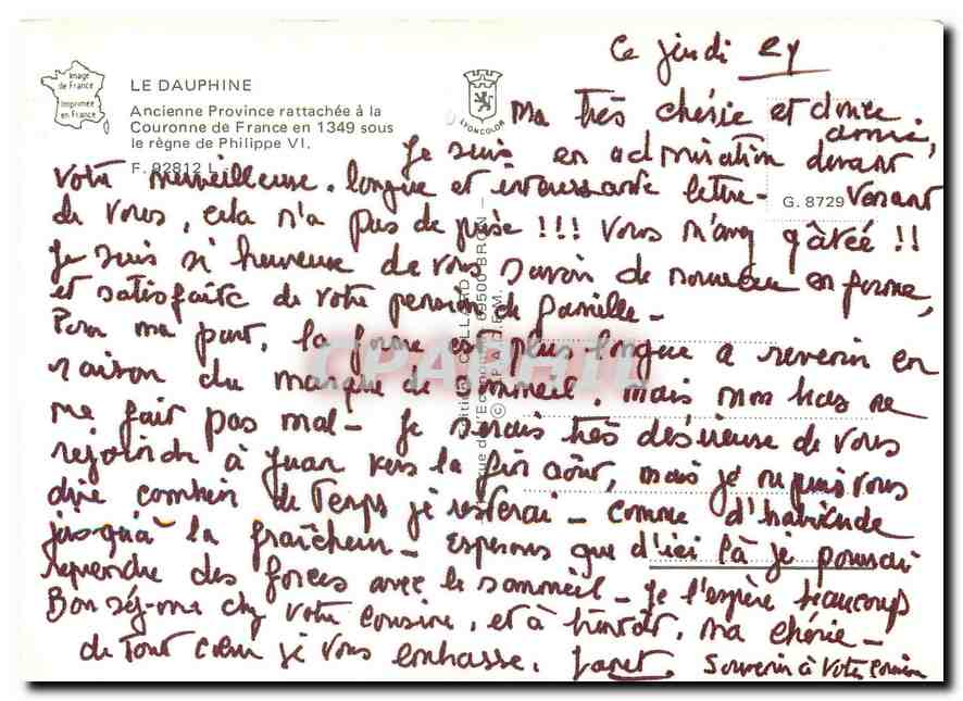 Le Dauphiné — Carte postale touristique avec carte et sites — éditeur PAPHIL — Verso