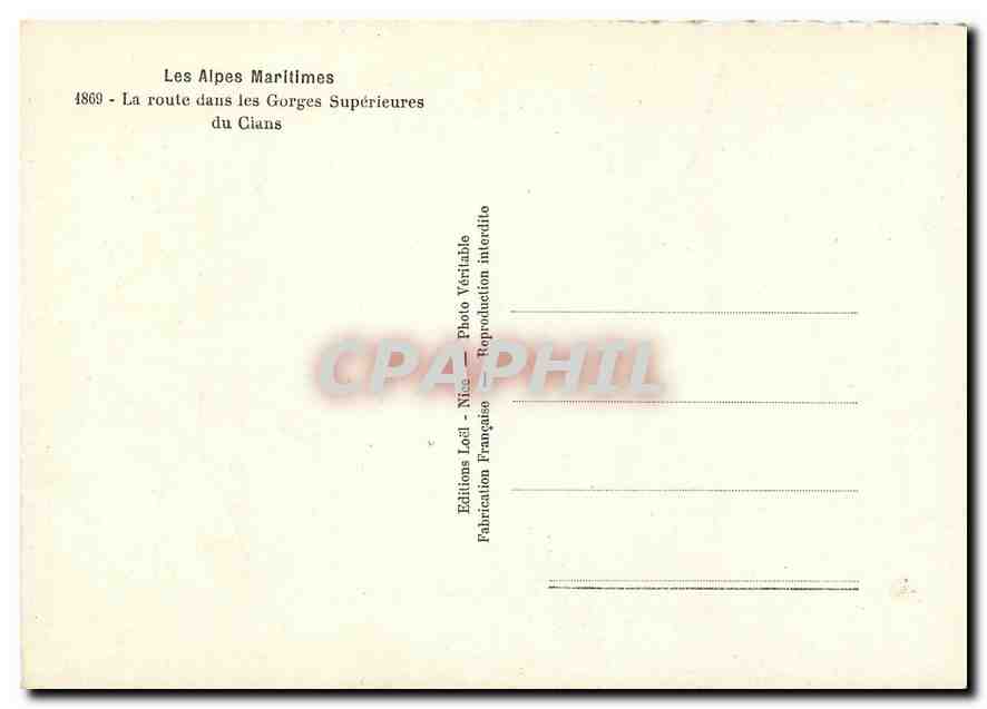 Les Alpes Maritimes — La route dans les Gorges Supérieures du Cians — Éditions Locil, Nice — Verso