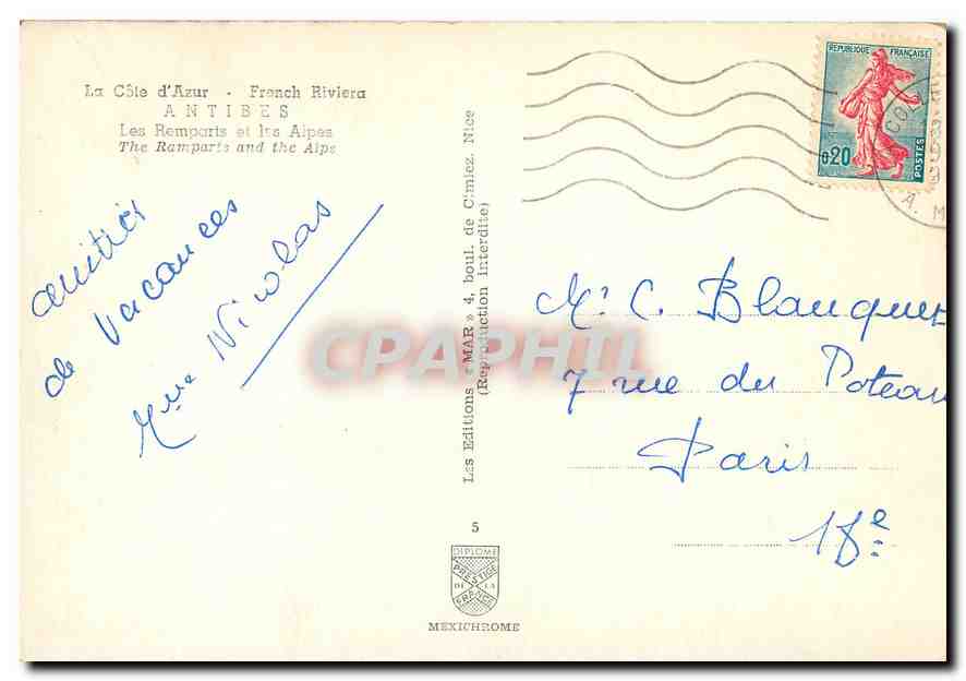 CPM Cote d'Azur Antibes Les Remparts et les Alpes  — Rückseite