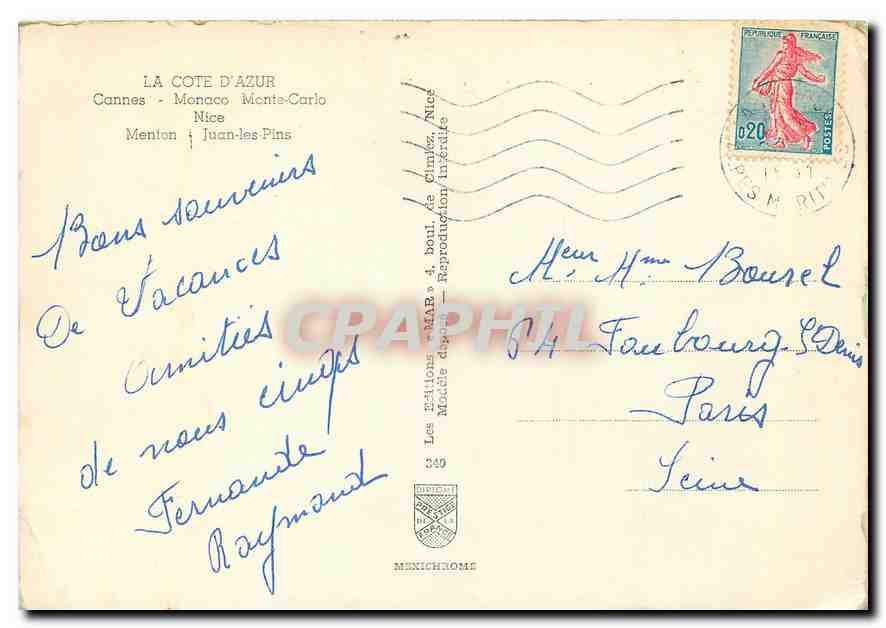 CPM La Cote d'Azur Cannes Monaco Monte Carlo Nice Menton Juan les Pins  — Rückseite