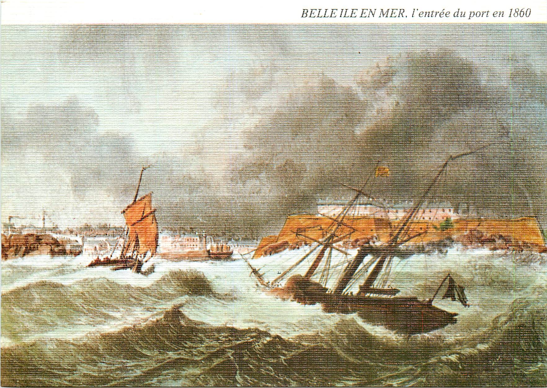 Belle-Île-en-Mer — l'entrée du port en 1860 — Lithographie de Benoist, Éditions JCS