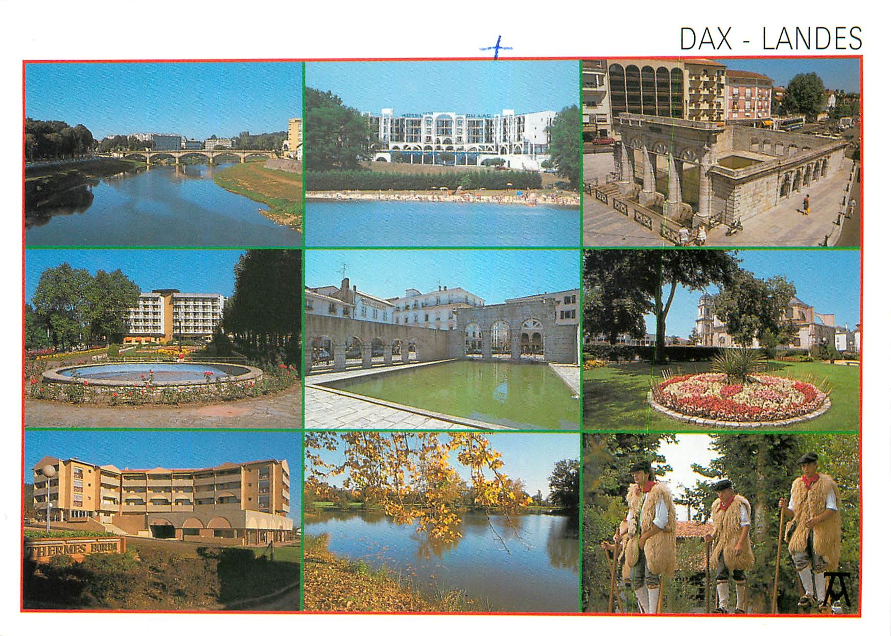 CPM Les Landes Dax Ville thermale L'Adour et le Pont Le lac et les thermes de Christus la fontaine c