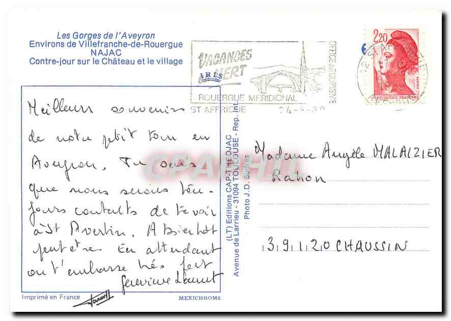 CPM Les Gorges de l'Aveyron Environs de Villefranche de Rouergue Najac Contre-jour sur le Chateau et — Rückseite