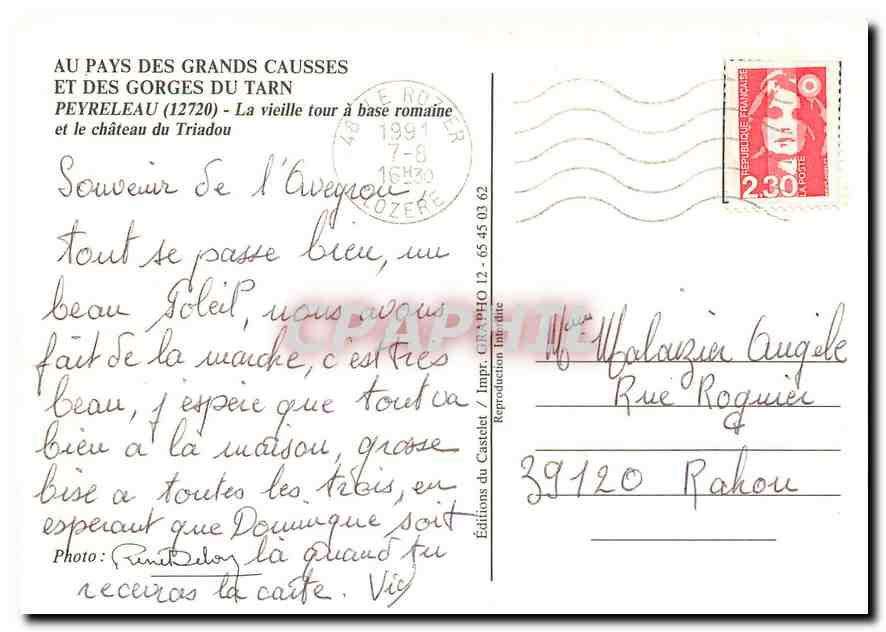 CPM Au Pays des Grands Causses et des Gorges du Tarn Peyreleau La vieille tour a base romaine et le  — Rückseite