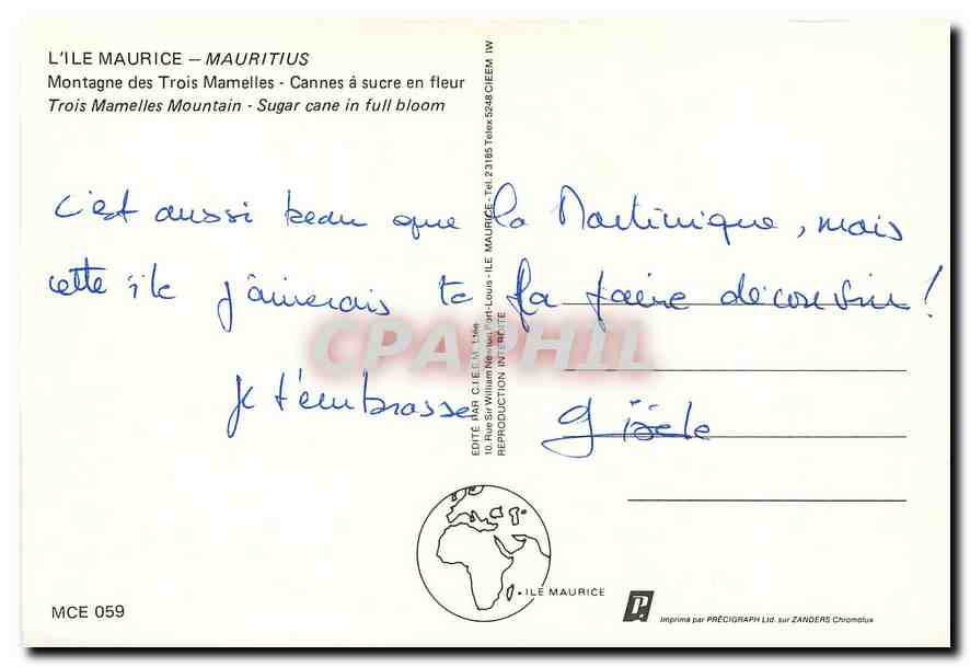 CPM L'Ile Maurice Mauritius Montagne des Trois Mamelles Cannes a Sucre en fleur  — Rückseite