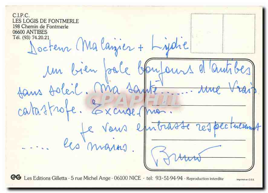 CPM Les Logis de Fontmerle Chemin de Fontmerle Antibes  — Rückseite