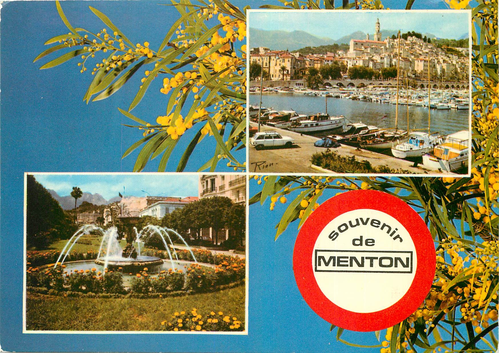 Menton — vue du port, de la ville et d'une fontaine — éditeur Rion, n° de série non visible