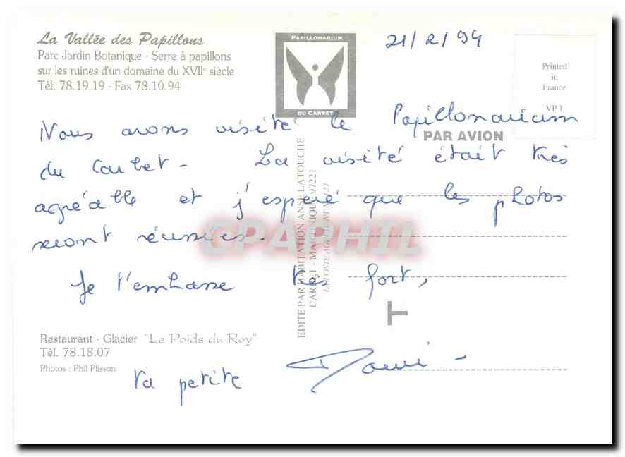 CPM La Vallee des Papillons Parc Jardin botanique  — Rückseite
