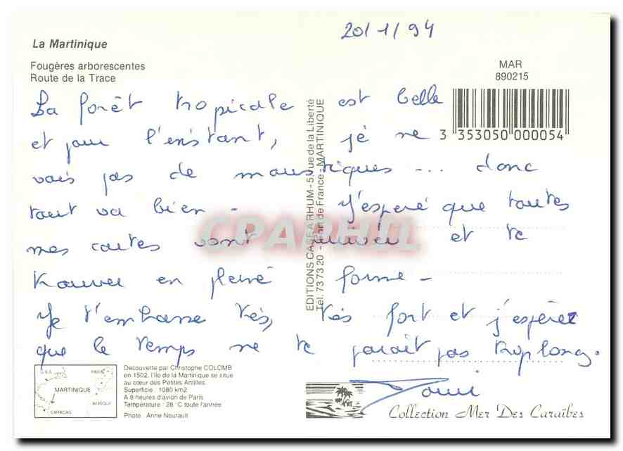 CPM La Martinique Fougeres arborescentes Route de la Trace  — Rückseite