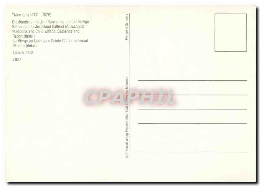 La Vierge au lapin avec Sainte-Catherine tenant l'Enfant — détail — A. Korsch Verlag, n° 7927 — Verso