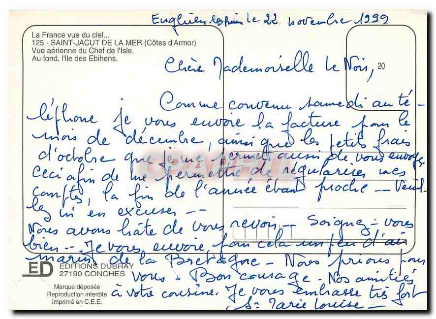 Saint-Jacut-de-la-Mer — Vue aérienne du Chef de l'Île, îles Ébihens — Éditions Dubray — Verso