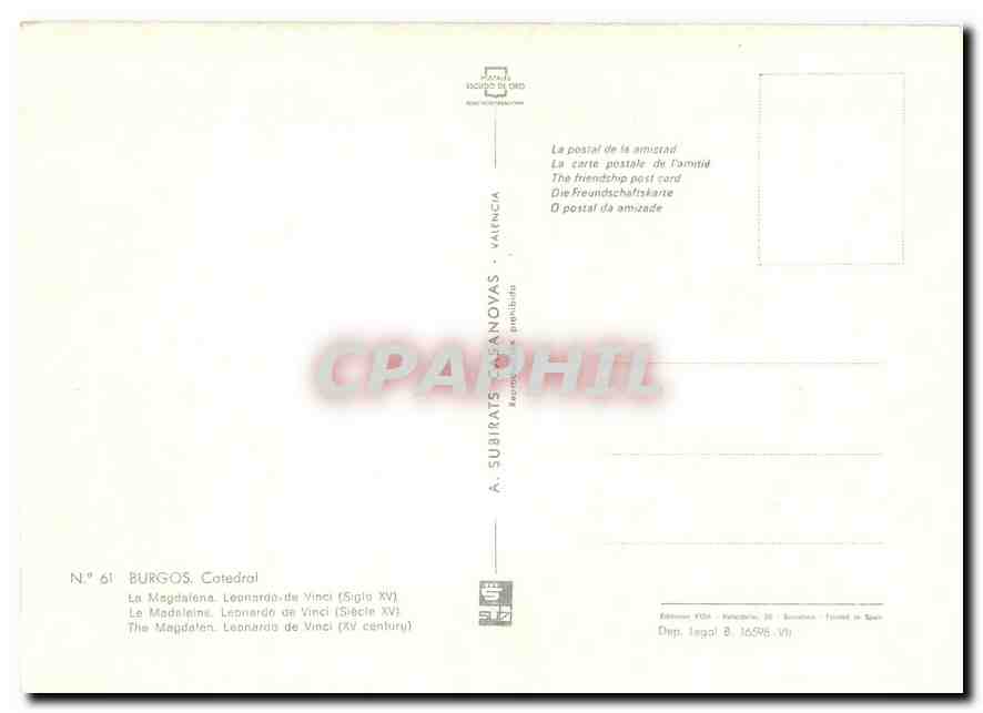 CPM Burgos Catedral le Magdaleine Leonardo de Vinci siecle XV  — Rückseite