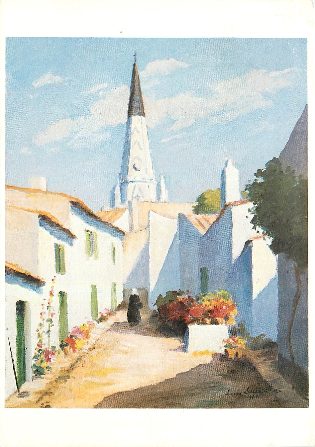 CPM Ile de Re Ars Ruelle fleurie et clocher noir et blanc peinture de Louis Suire 