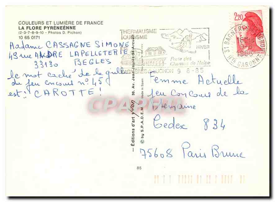 CPM Couleurs et lumiere de France la Flore pyreneenne Gentiane Saxifrage Anemone Arnica Chardon Bleu — Rückseite