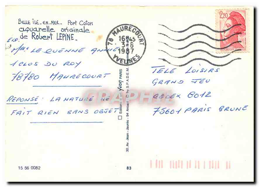 Belle Île-en-Mer - Port Coton — aquarelle originale de Robert Lepine, éditée par les Éditions d'Art Arquill — Rückseite
