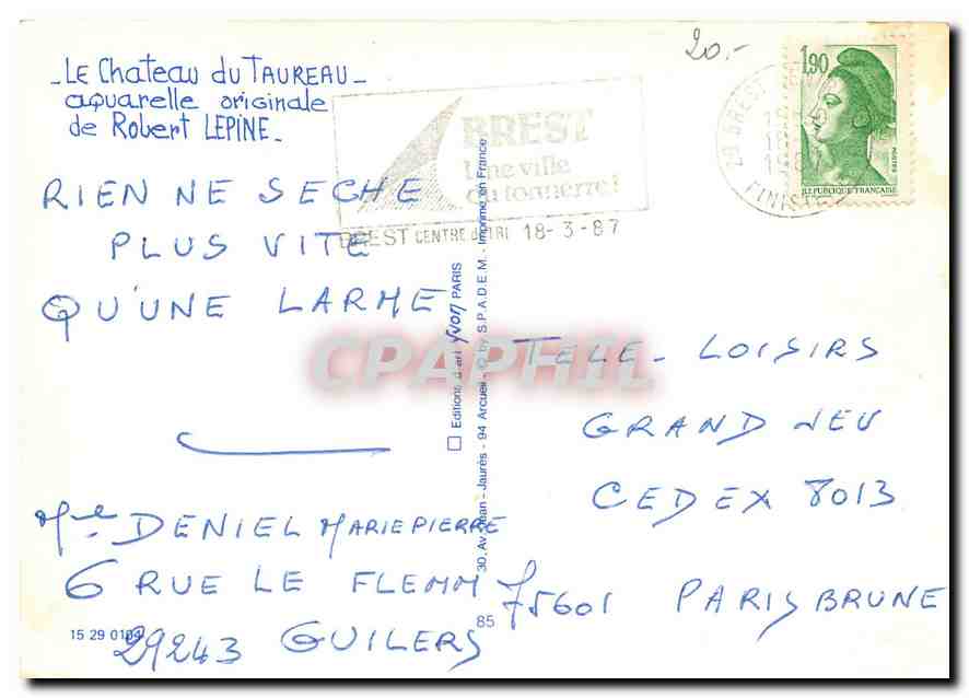 CPM Le Chateau du Taureau aquarelle originale de Robert Lepine  — Verso