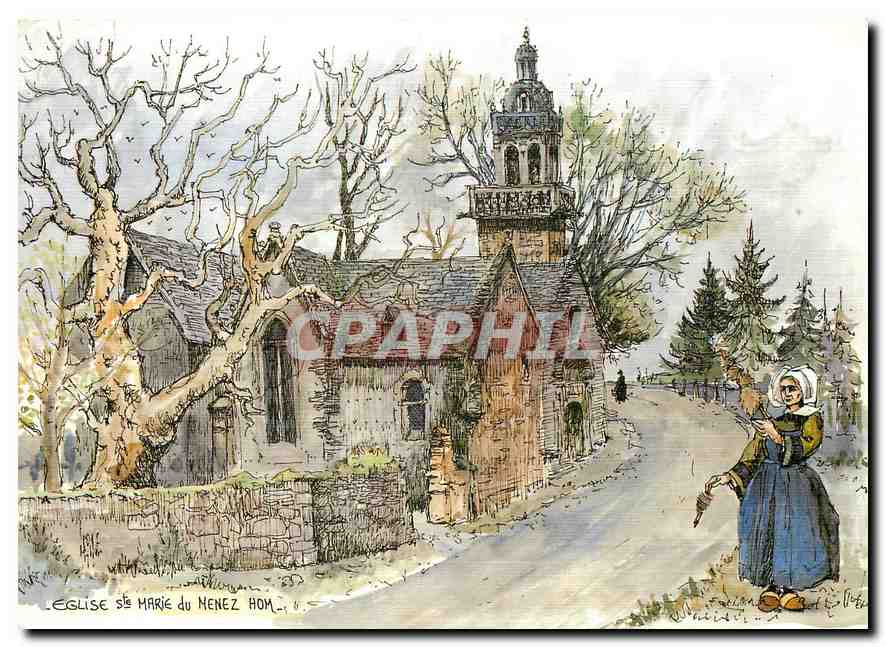 CPM Eglise Ste Marie du Menez Hom aquarelle originale de Robert Lepine 