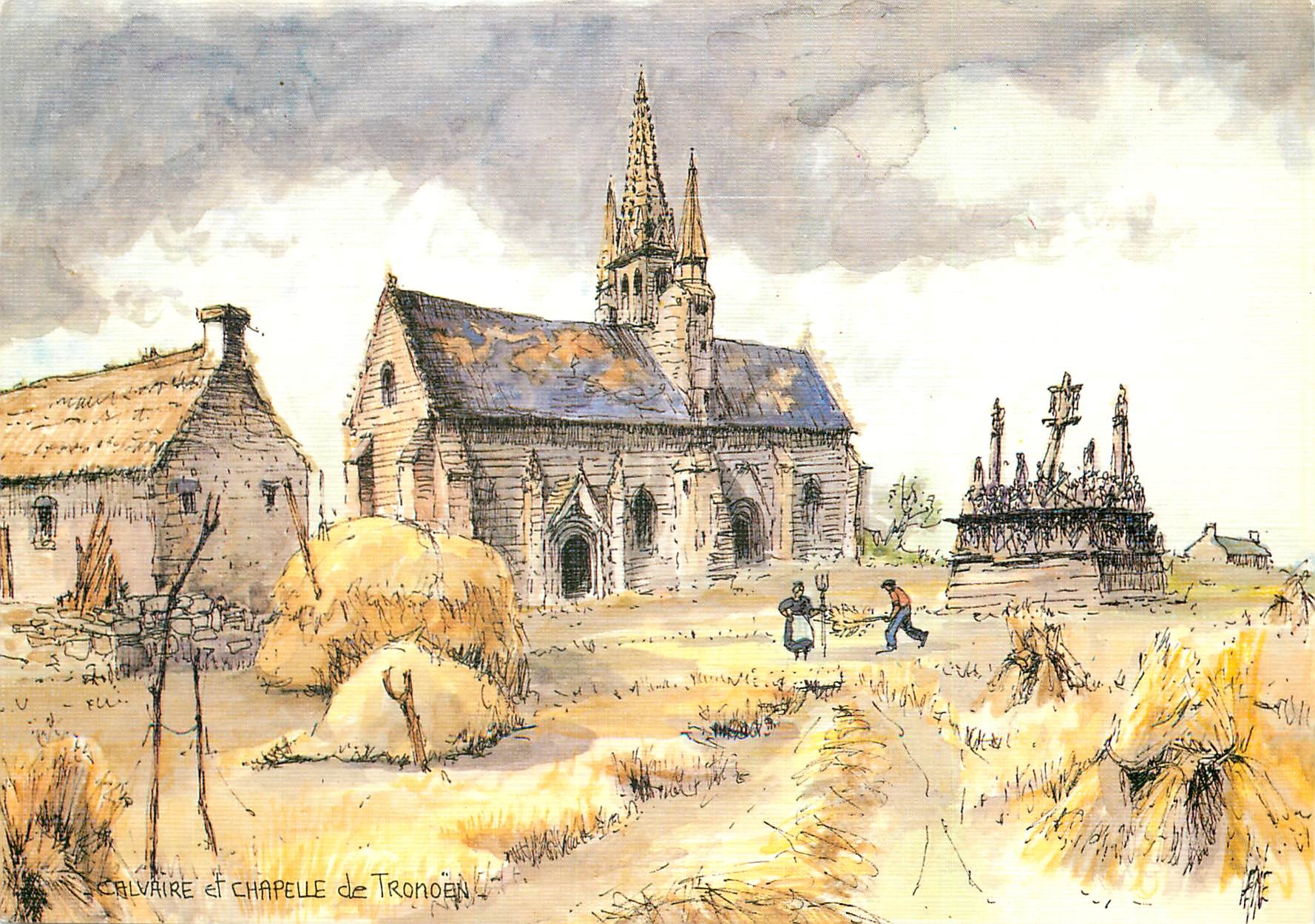 CPM Calvaire et Chapelle de Tronoen aquarelle originale de Robert Lepine 