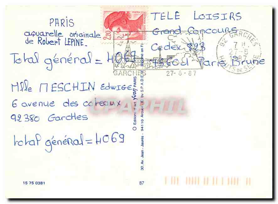 CPM Paris les toits de Paris et Notre Dame aquarelle originale de Robert Lepine  — Verso